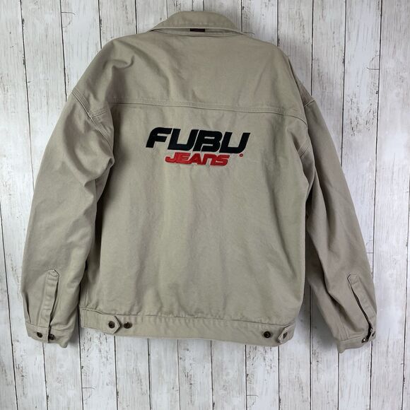 Vintage FUBU Jeans Jacket Men’s Sz XXL Khaki Denim Embroidered - Picture 1 of 13